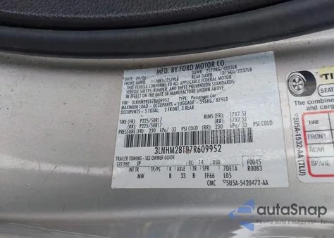 2007 Lincoln Mkz z USA, uszkodzony, nr VIN 3LNHM28T97R609952